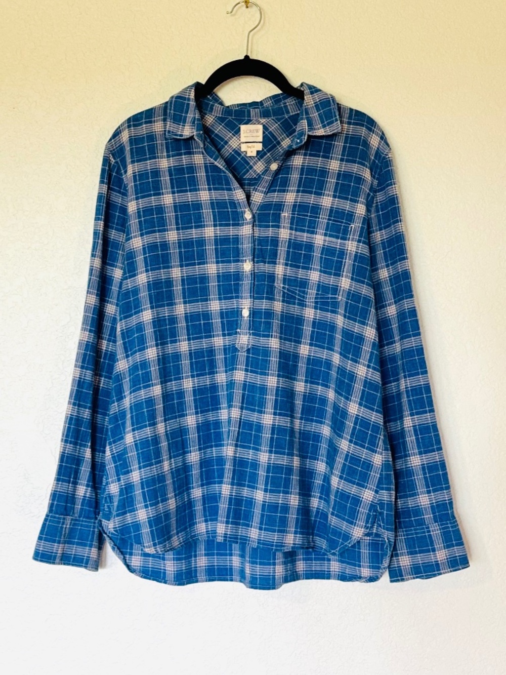 J. Crew Shirt Women's M Blue Plaid Boy Fit Partial Button Up Long Sleeve Cotton